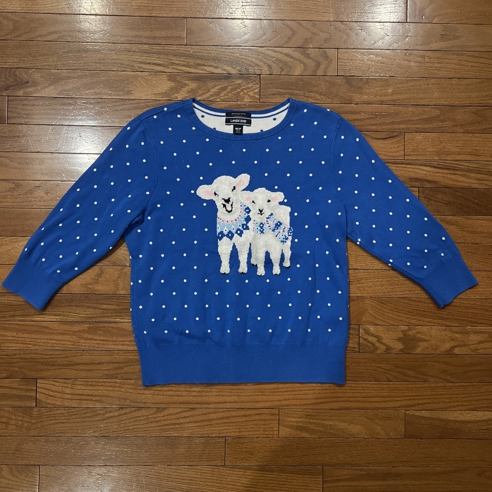 Lands End Supima Cotton Lamb Sweater Womens M Petite Blue Polka Dot Knit